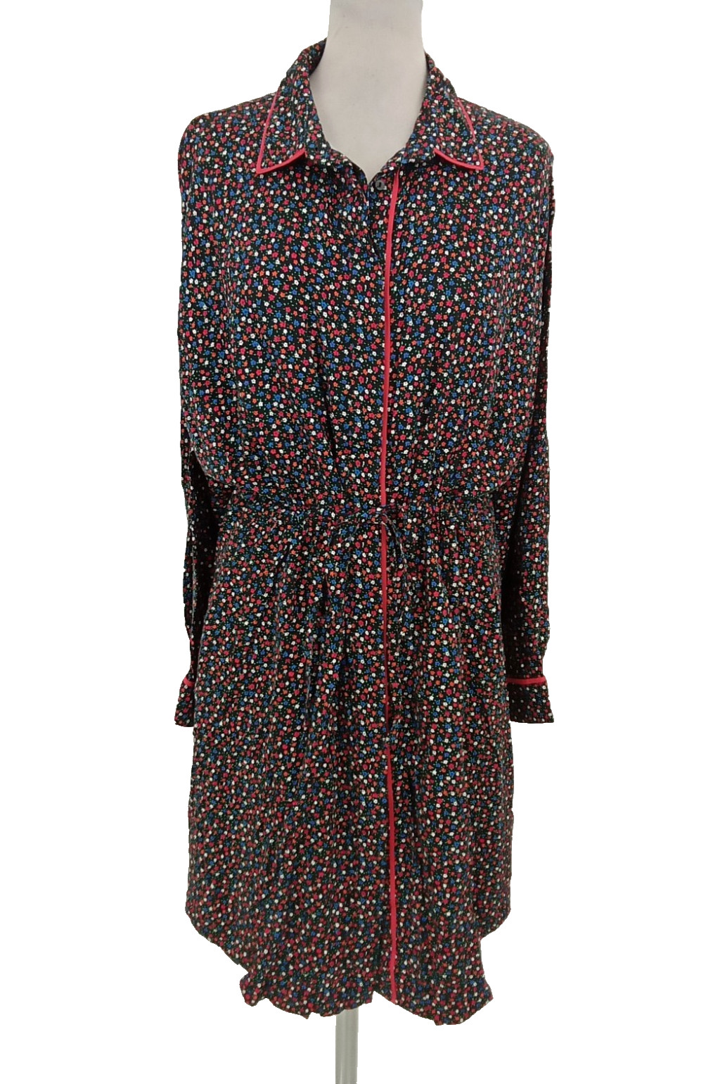 Oliver Bonas Women’s Shirt Dress Size 16 Black Mix Ditsy Floral Drawstring New