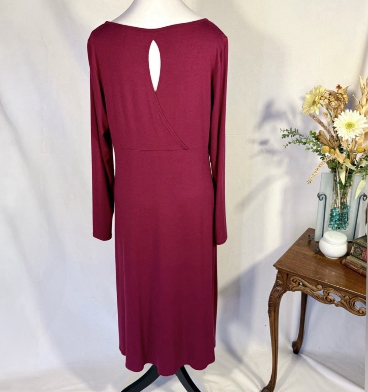 💥Eileen Fisher Scarlet Red Viscose Jersey Keyhole-Back Midi Dress Sz Medium 💛