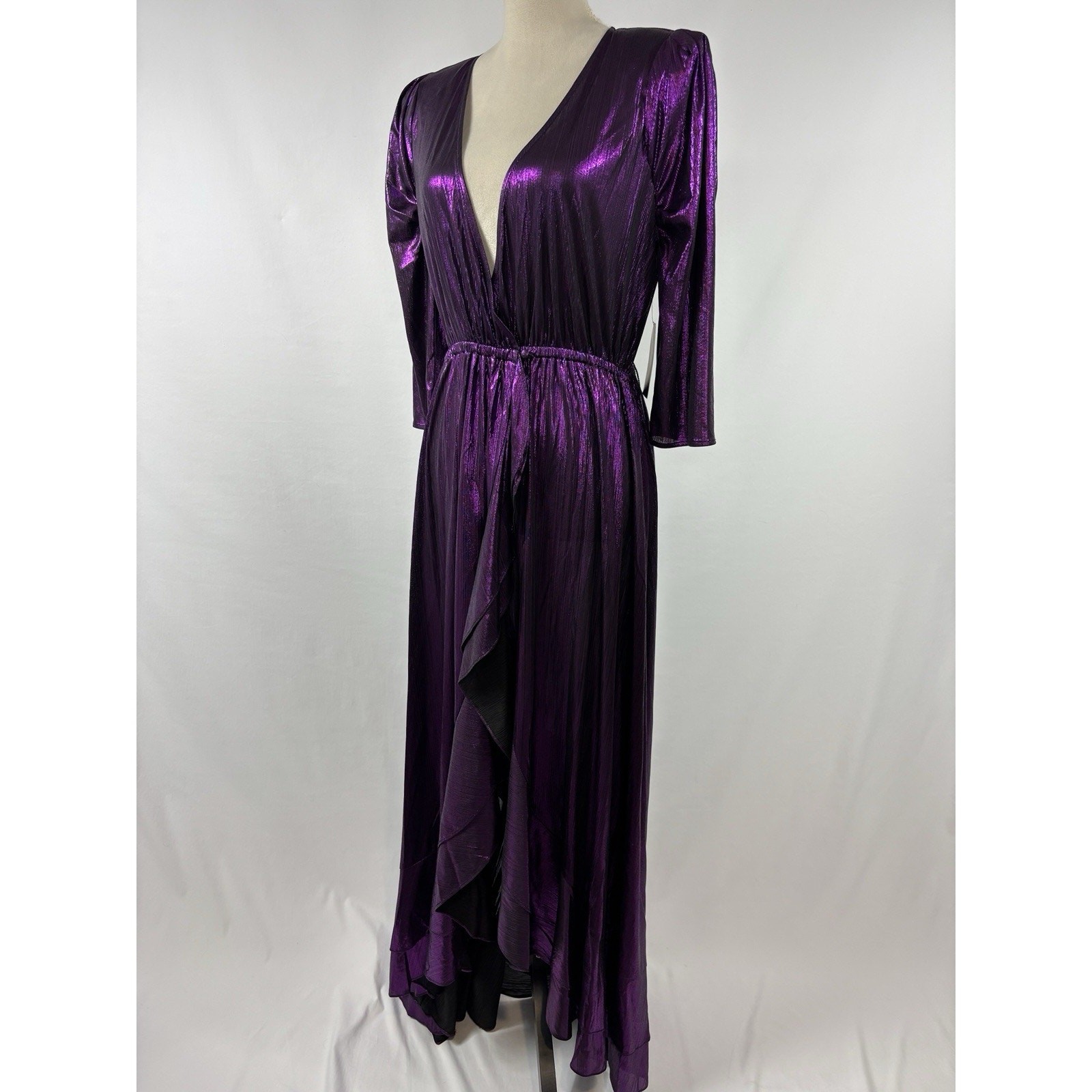 NWT Retrofete Flora Maxi Wrap Dress Purple Metallic Size Large TT-1952 Plisse