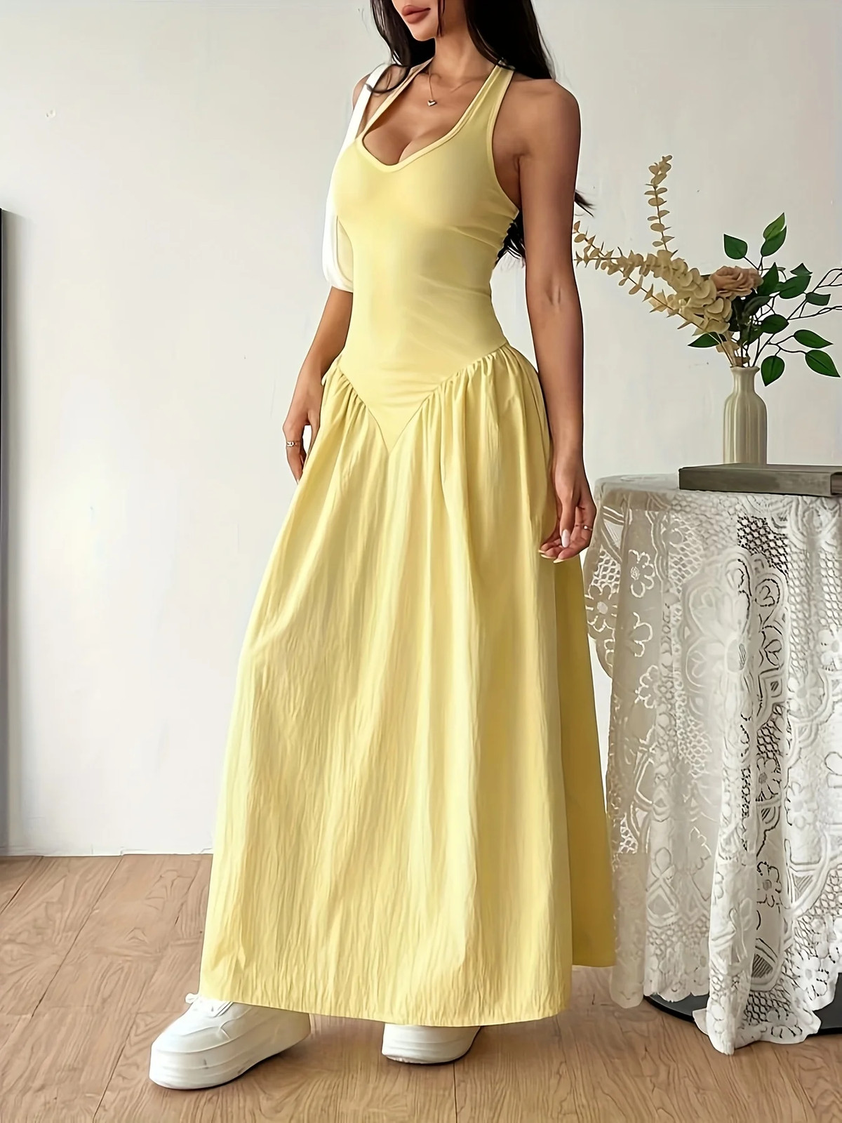 Womens Halter Maxi Dress Sleeveless V Neck Backless Boho Summer Sun Dress