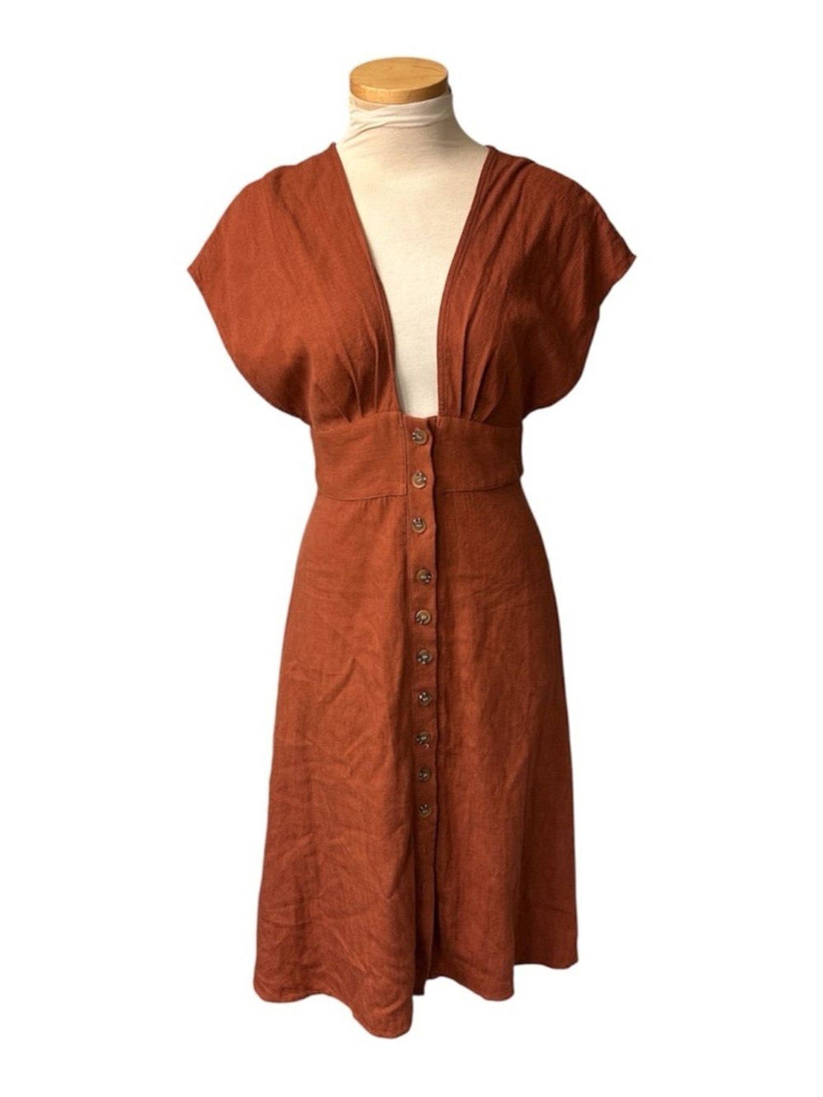 Charlie Holiday Rust Button Down Plunge Neckline Midi Dress Linen Size 2