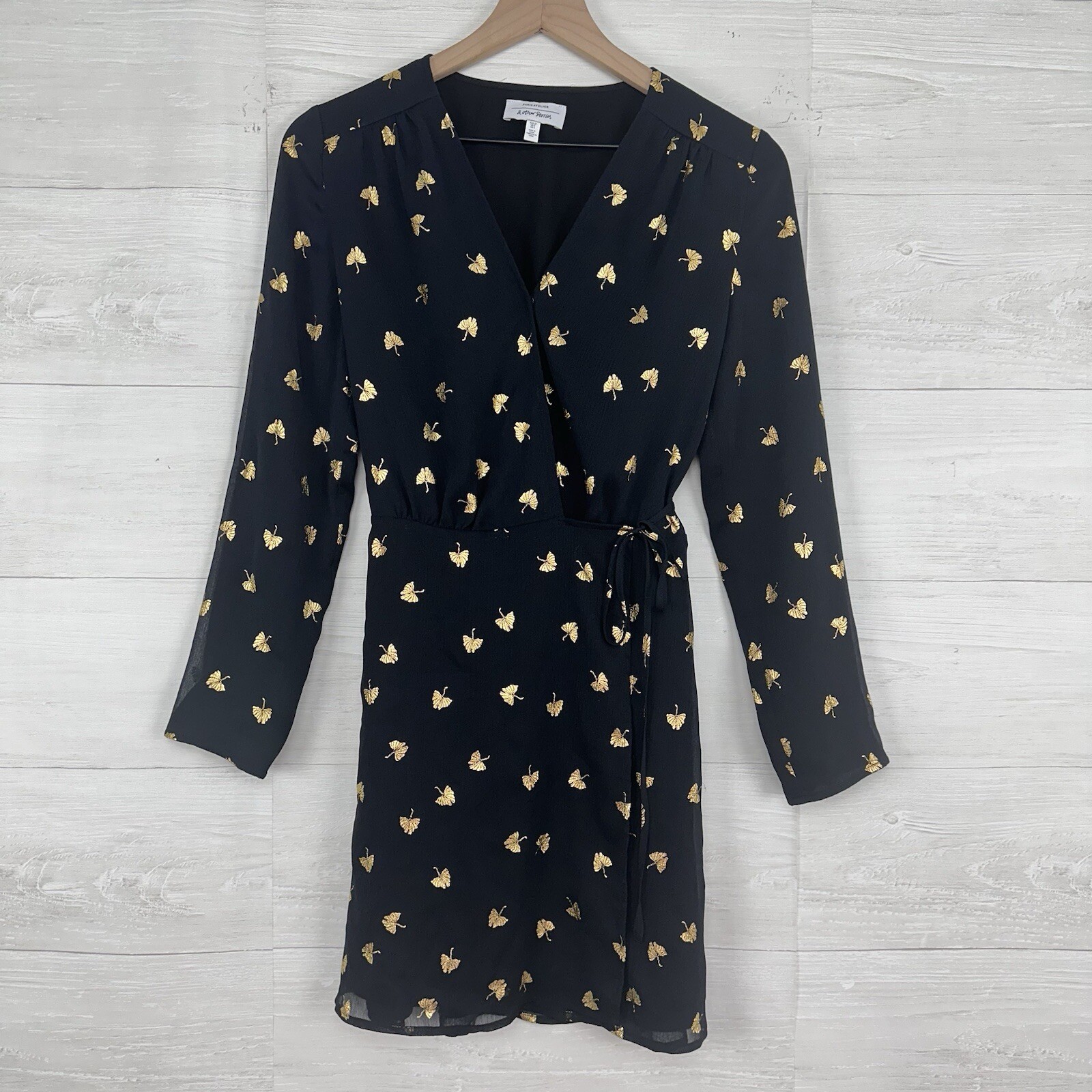 & Other Stories Mini Wrap Dress Size 0 Black Gold Leaves Long Sleeve Twee