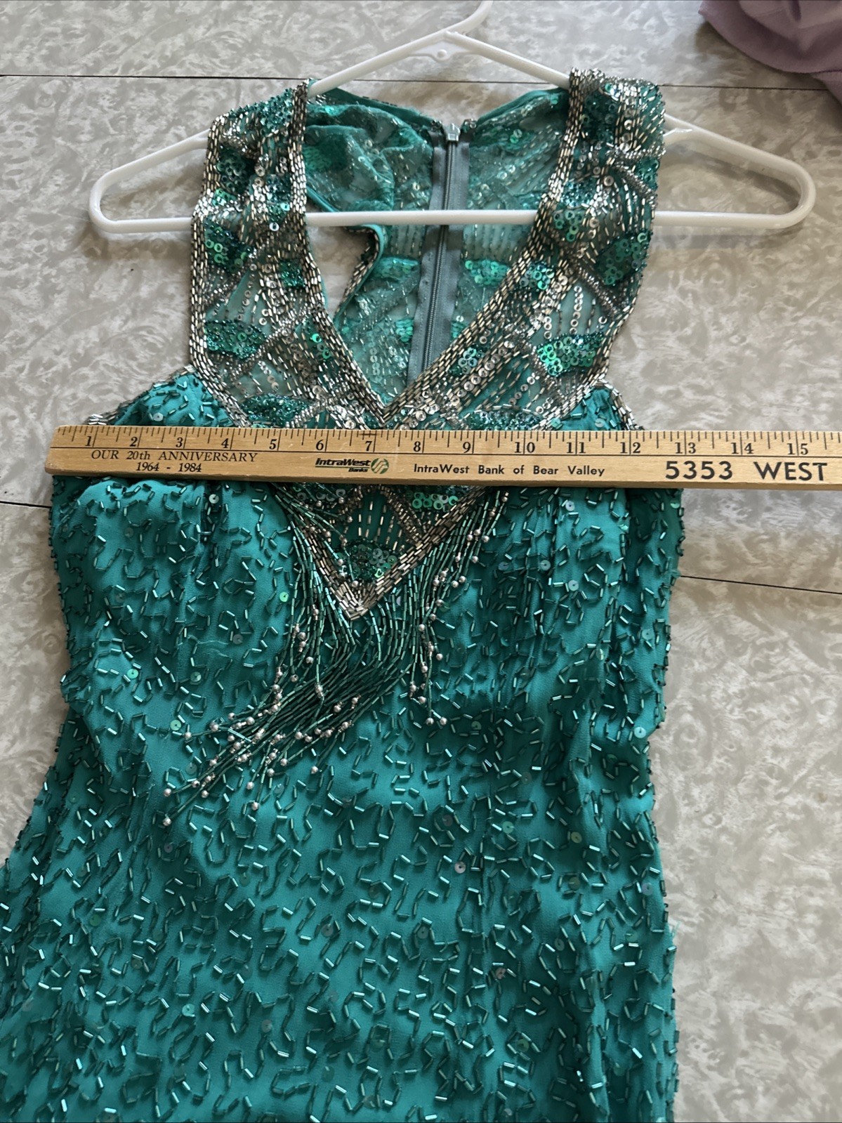Cache Beaded Sequined Teal Formal Evening Dress Sz 8 Party 90s Y2K Flapper NYE