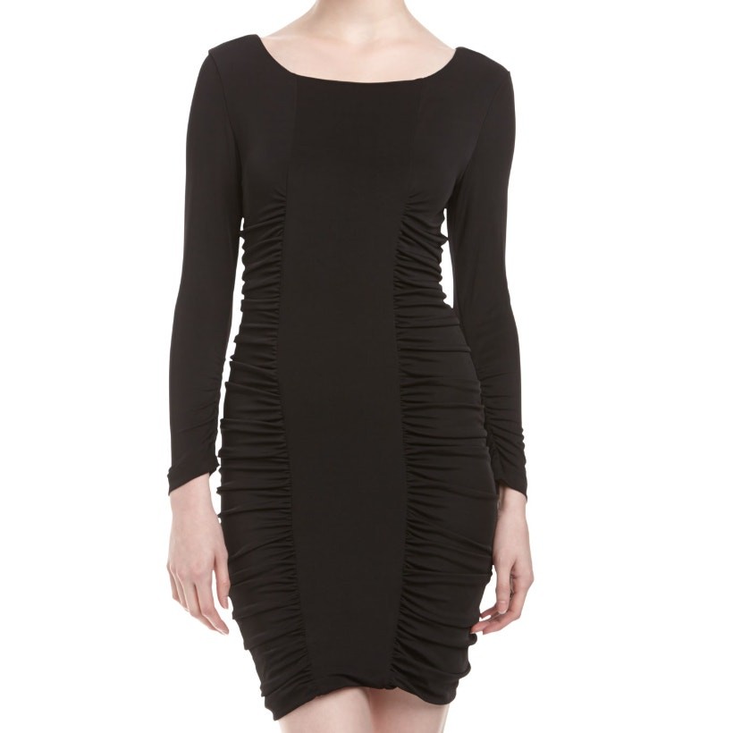 BCBGMAXAZRIA Janeeva Ruched Bodycon Dress Black Long Sleeve Size M Stretch