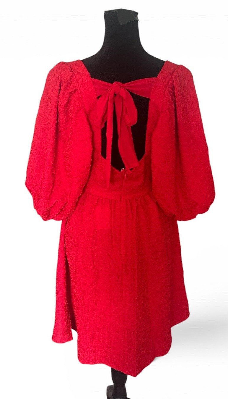 Women’s Red Solid Textured Square Neck Bow Back Pullover Mini Dress S
