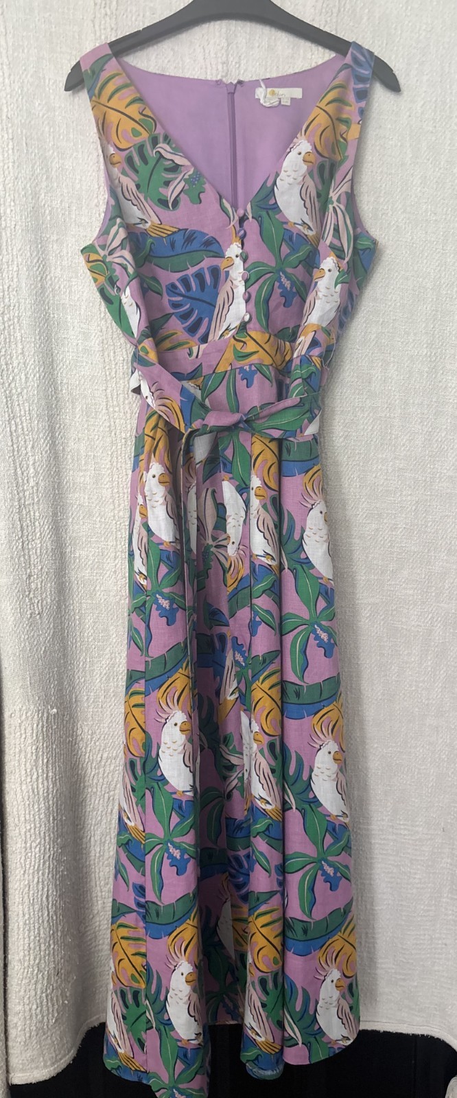 Boden purple green white linen sleeveless maxi v-neck bird parakeet palm tree 12