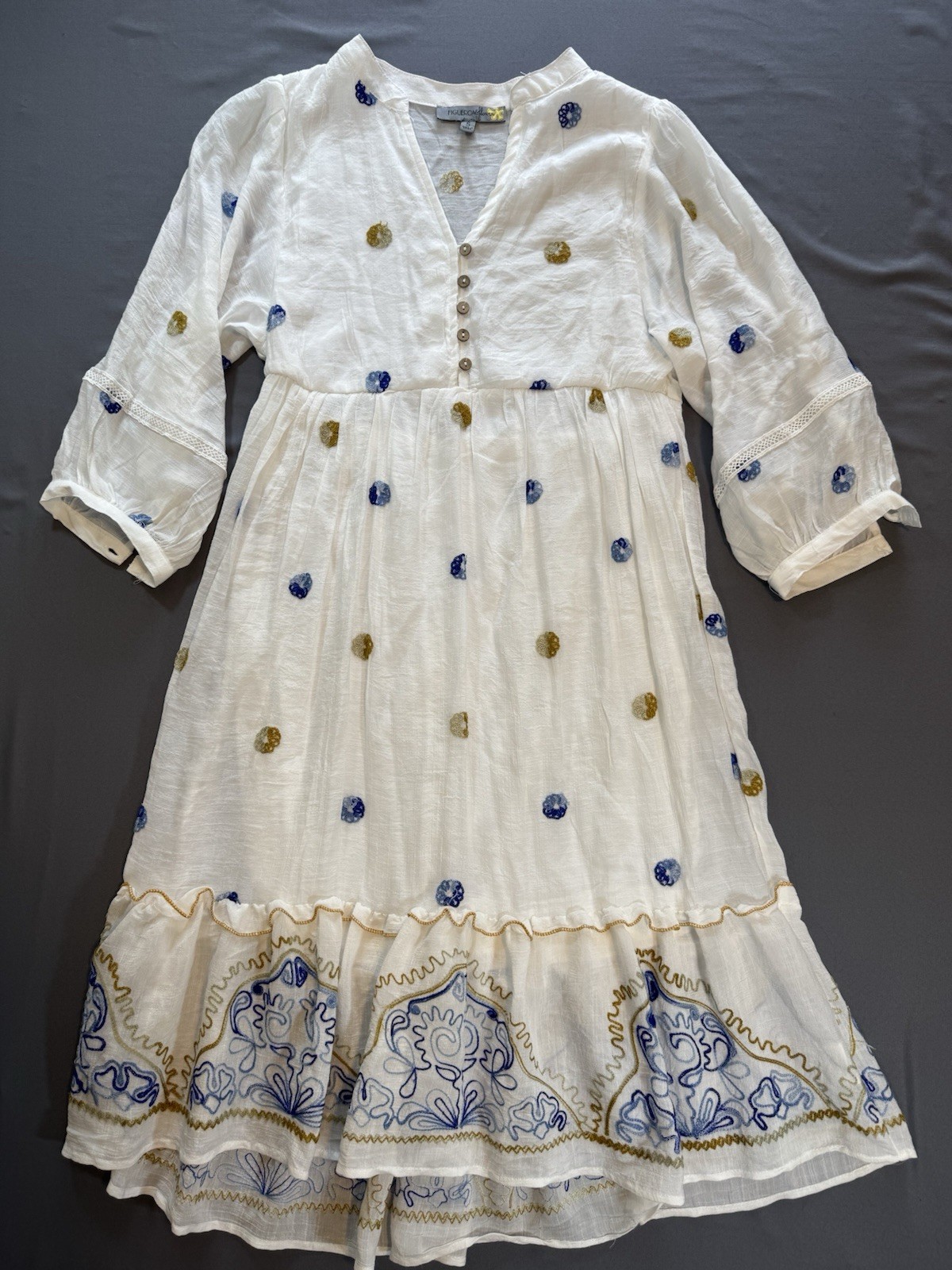 Figueroa & Flower White Embroidered Boho Dress Small Cottagecore Peasant Tiered