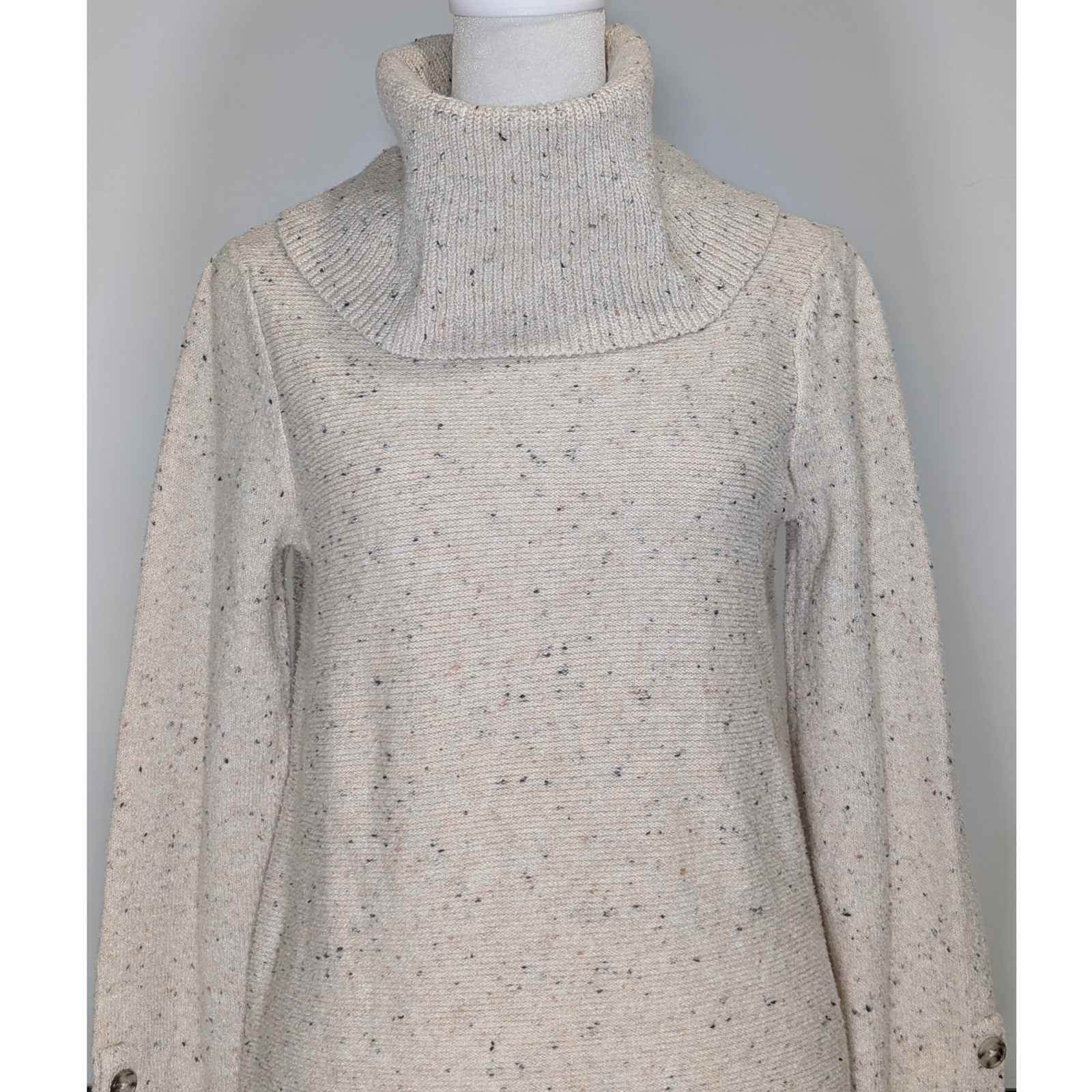 LOFT Women’s Cream Speckled Turtleneck Long Sleeve Sweater Dress Button Cuff S