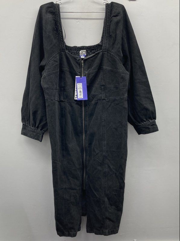 Future Collective Women’s Black Denim Zip Front Puff Sleeve Dress NWT Sz 16W/18W