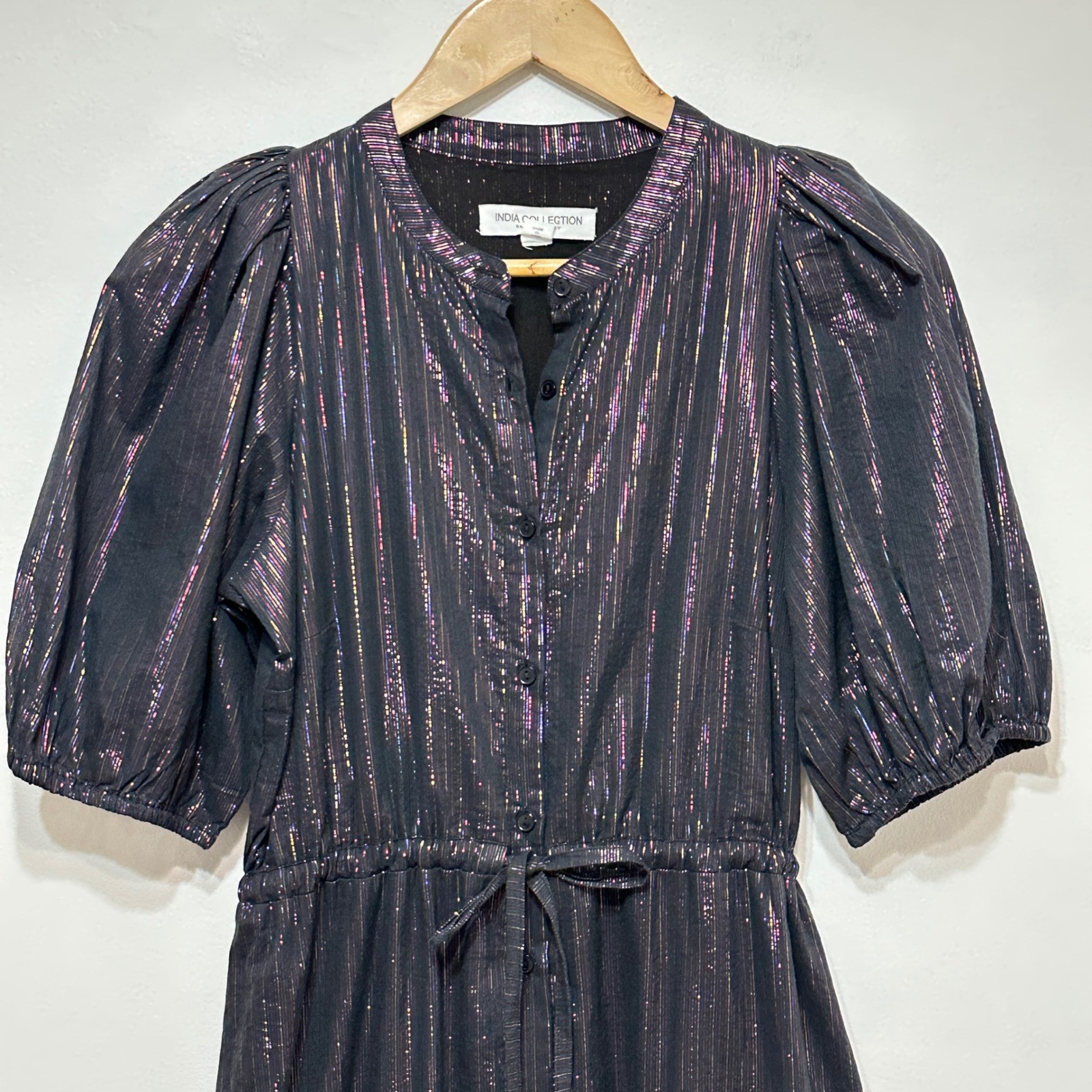 Emerson Fry Lucy Maxi Dress Womens Small Rainbow Black Lurex Cotton Puff Sleeve