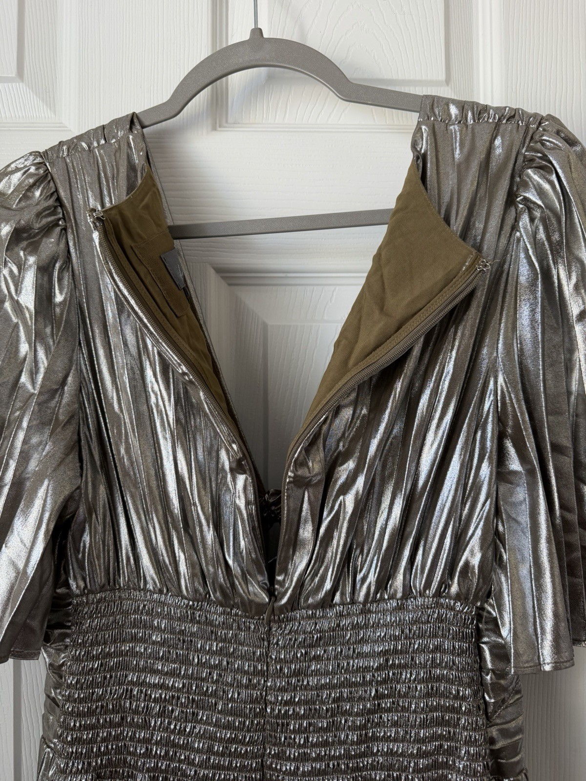 By Anthropologie Metallic Pleated Cutout Midi Dress Silver green Size S