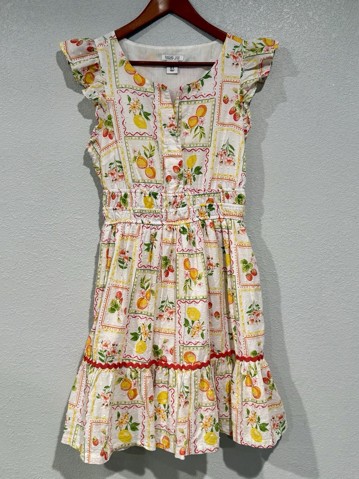 Rachel Zoe White Multicolor Floral A-Line Knee Dress 6 V-Neck Ruffle Lined
