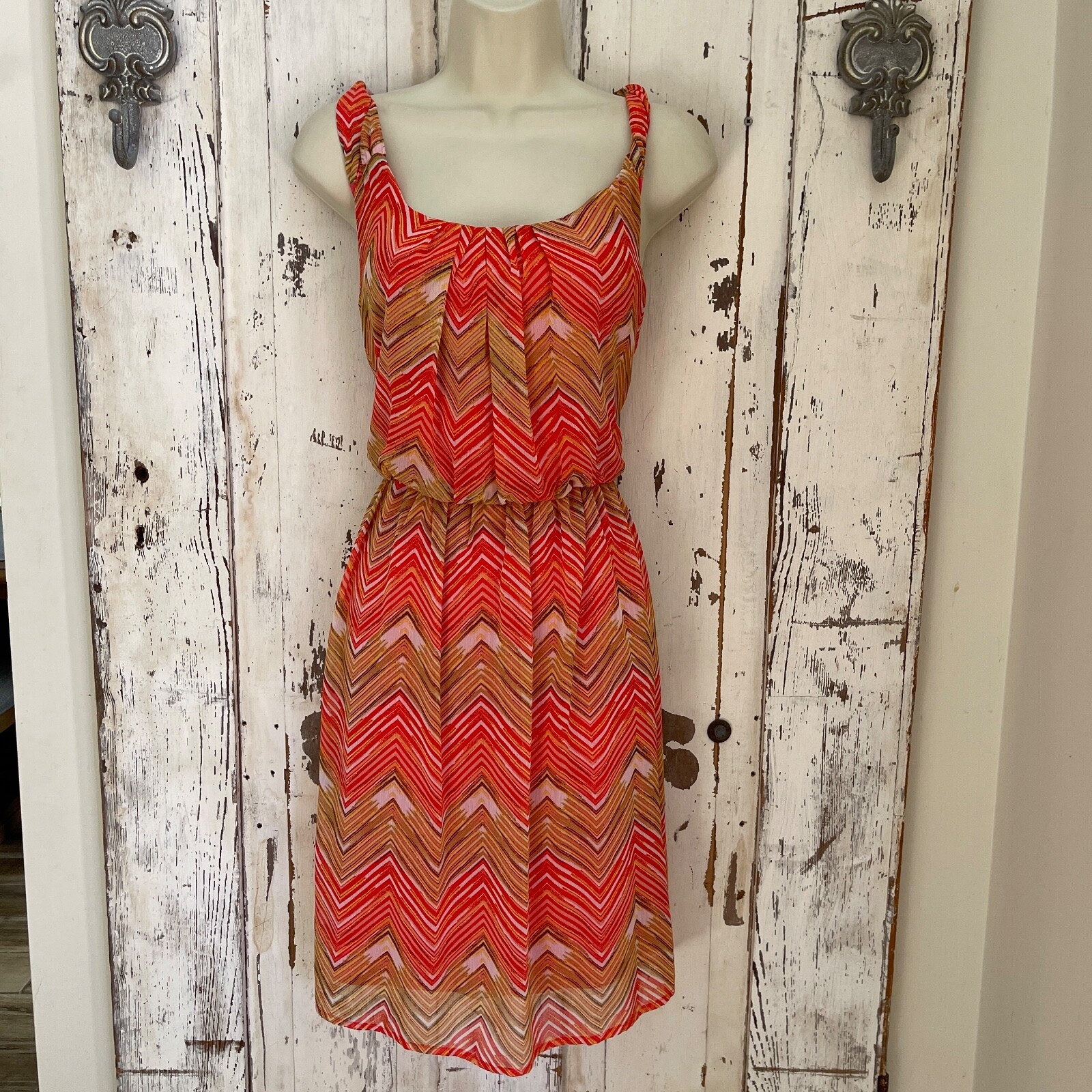 AB Studio Size Small Womans Pink Yellow Red White Brown Chevron Sundress Dress