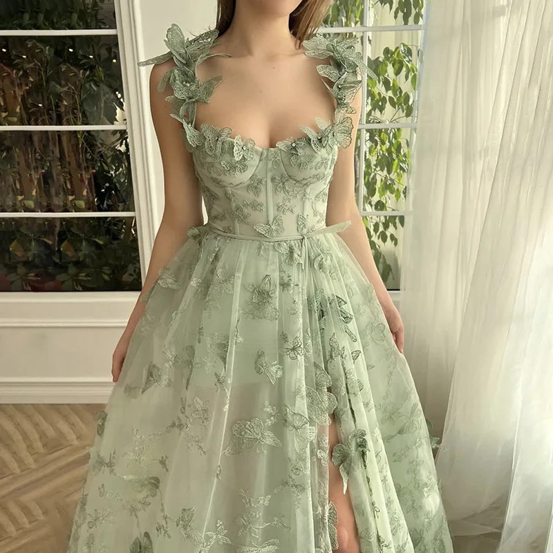 Forest Fairy Evening Gown Lace Mesh Modest Dress Thigh High Slit Long Dresses