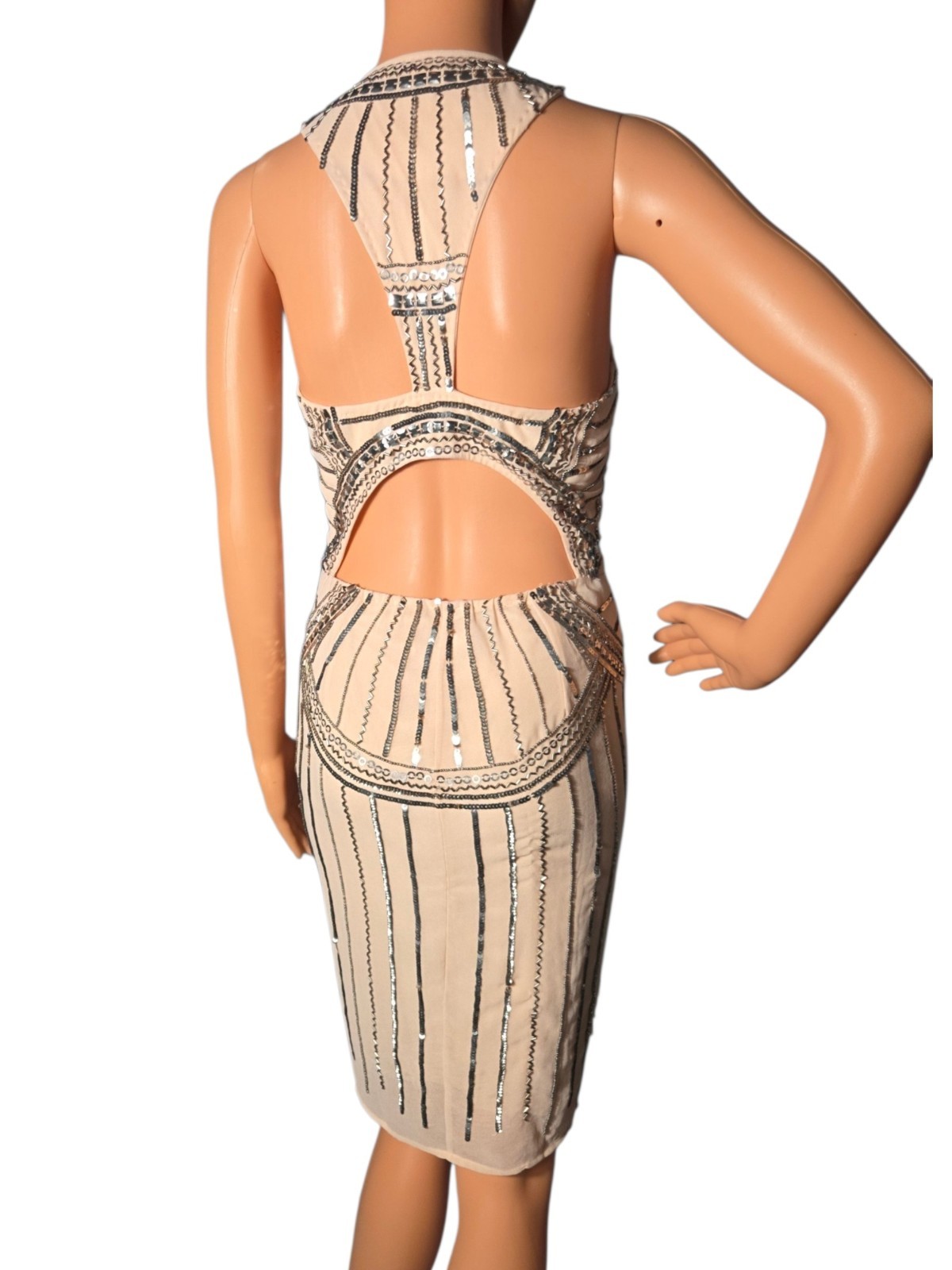 VENUS 6 Beige Beaded Sequin Round Neck Sleeveless Cutout Knee Bodycon Dress