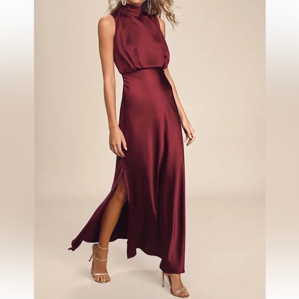 Lulus Classic Elegance Wine Satin Mock neck keyhole back Maxi Dress size XL NWT