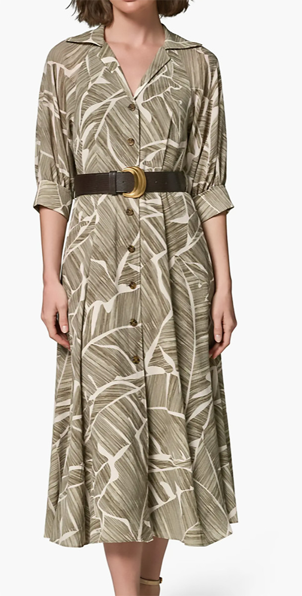 NWT Donna Karan NY Leaf Print Collared Belted Lined Shirt Dress, 8, Olive, $199