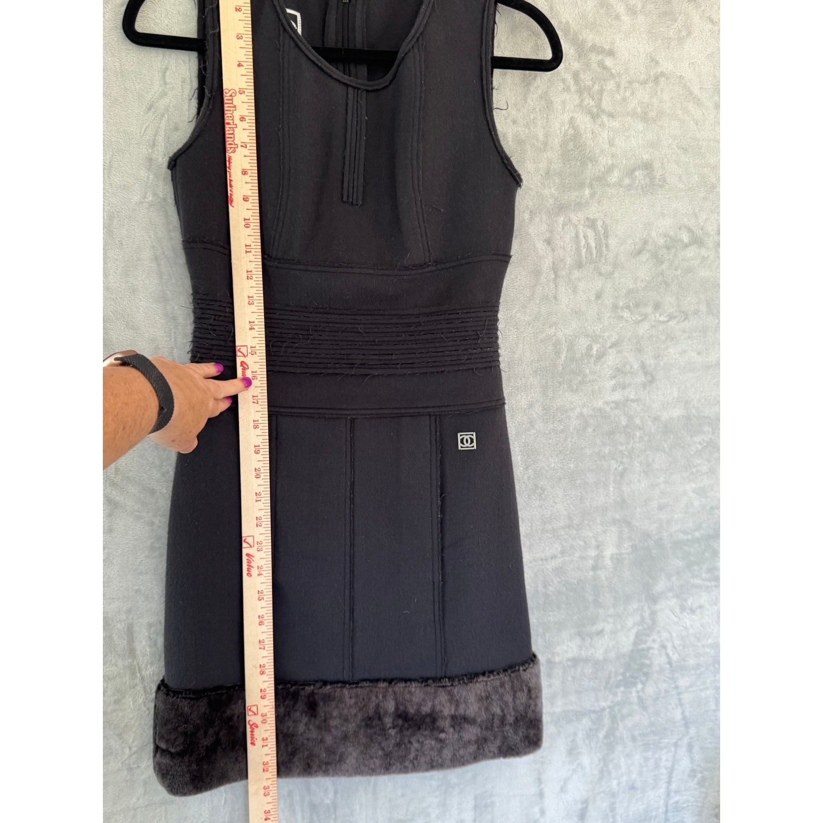 Chanel 09A Black Wool Shearling Trim Mini Dress CC Logo P36438V26320 FR 36 US