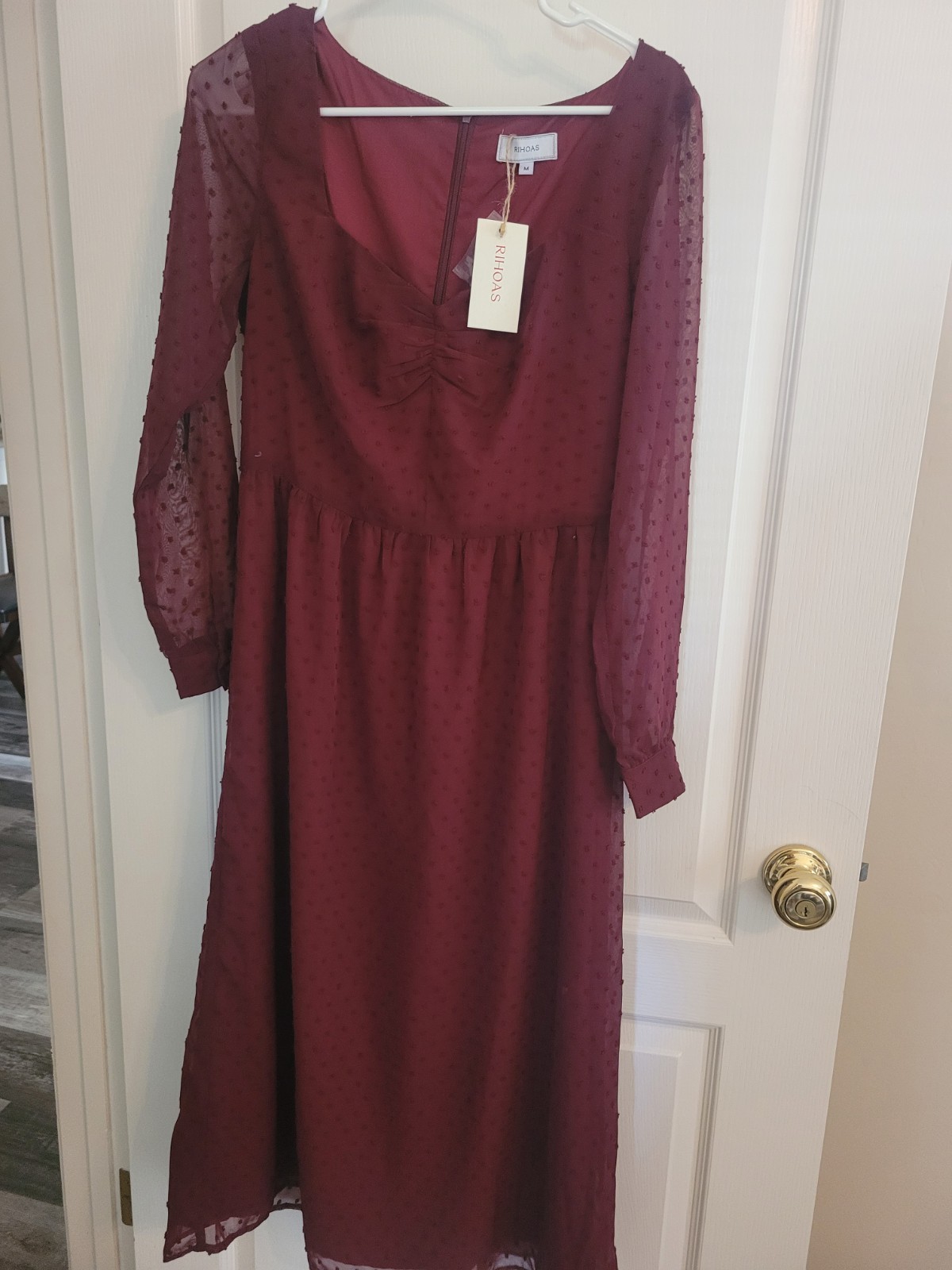 RHOS Burgundy Long Sleeve V-Neck Midi Dress Zip Closure Size M