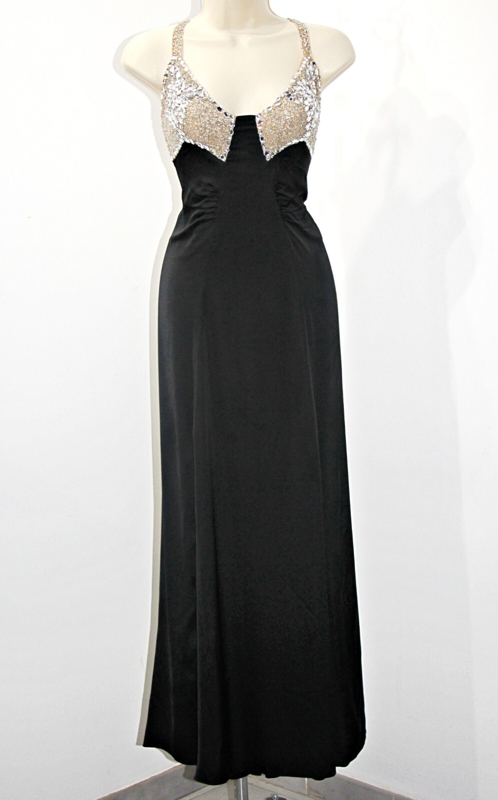 PatBO crystal-beaded side-high-slit open-back black satin gown sz 10 $995