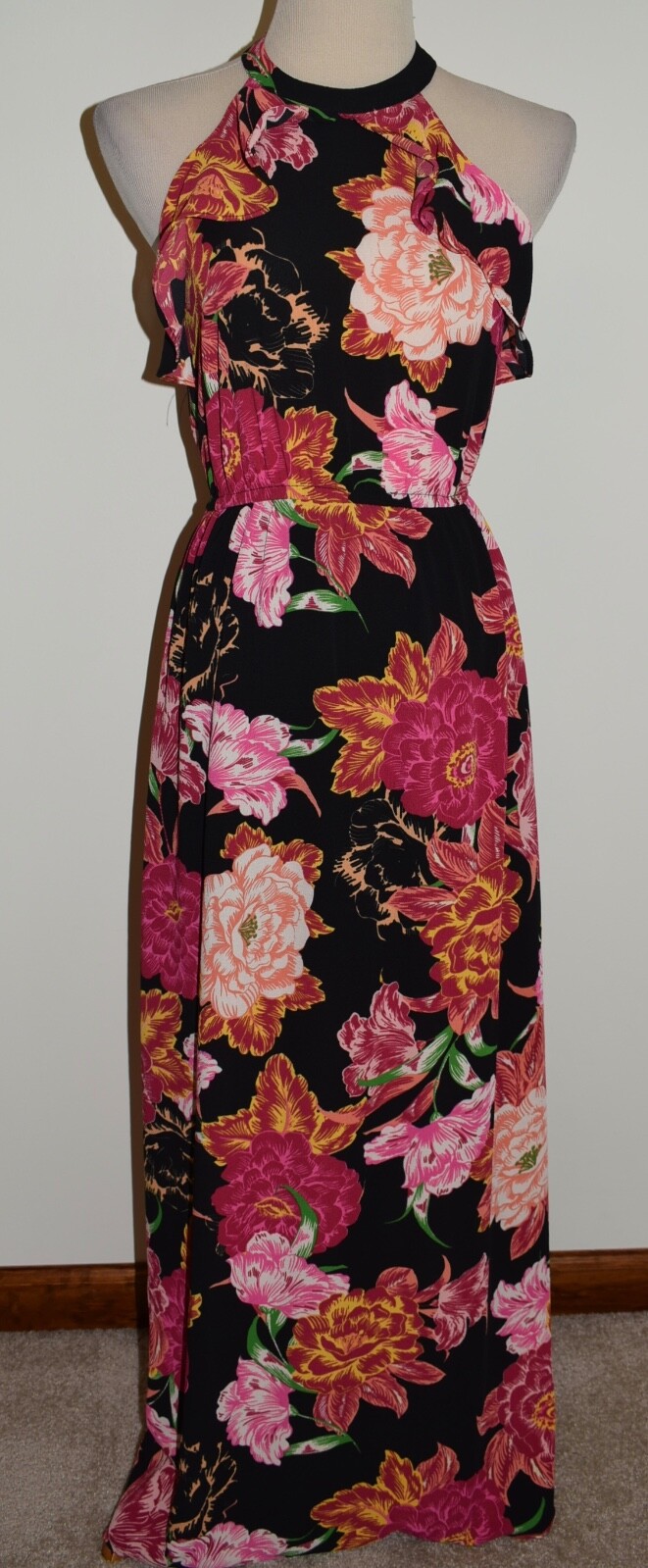 New One Clothing Dress Small Black Floral Sundress Sleeveless Ruffle Halter Maxi