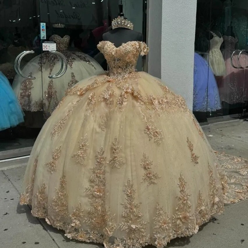 Champagne Luxury Princess Quinceanera Dresses Off Shoulder 3D Floral Applique