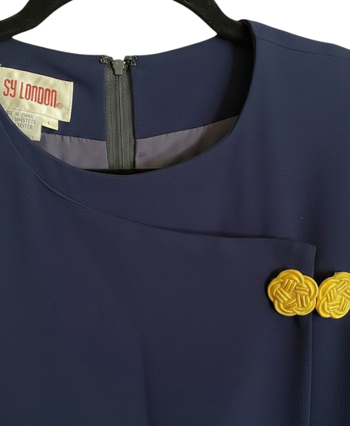 VTG Maggie London NAVY BLUE CREPE SHIFT DRESS Cheongsam Gold Buttons 6/8/10/M