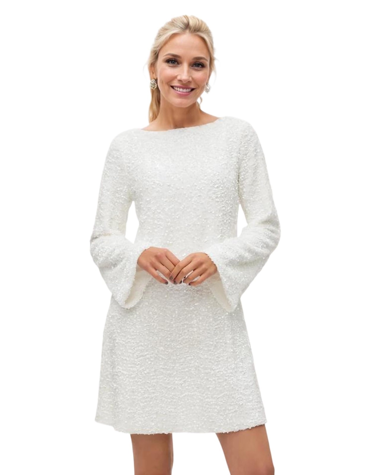Ardrem Women Bow Sparkly Dresses Backless Glitter Mini Dress Long Sleeve Sequin
