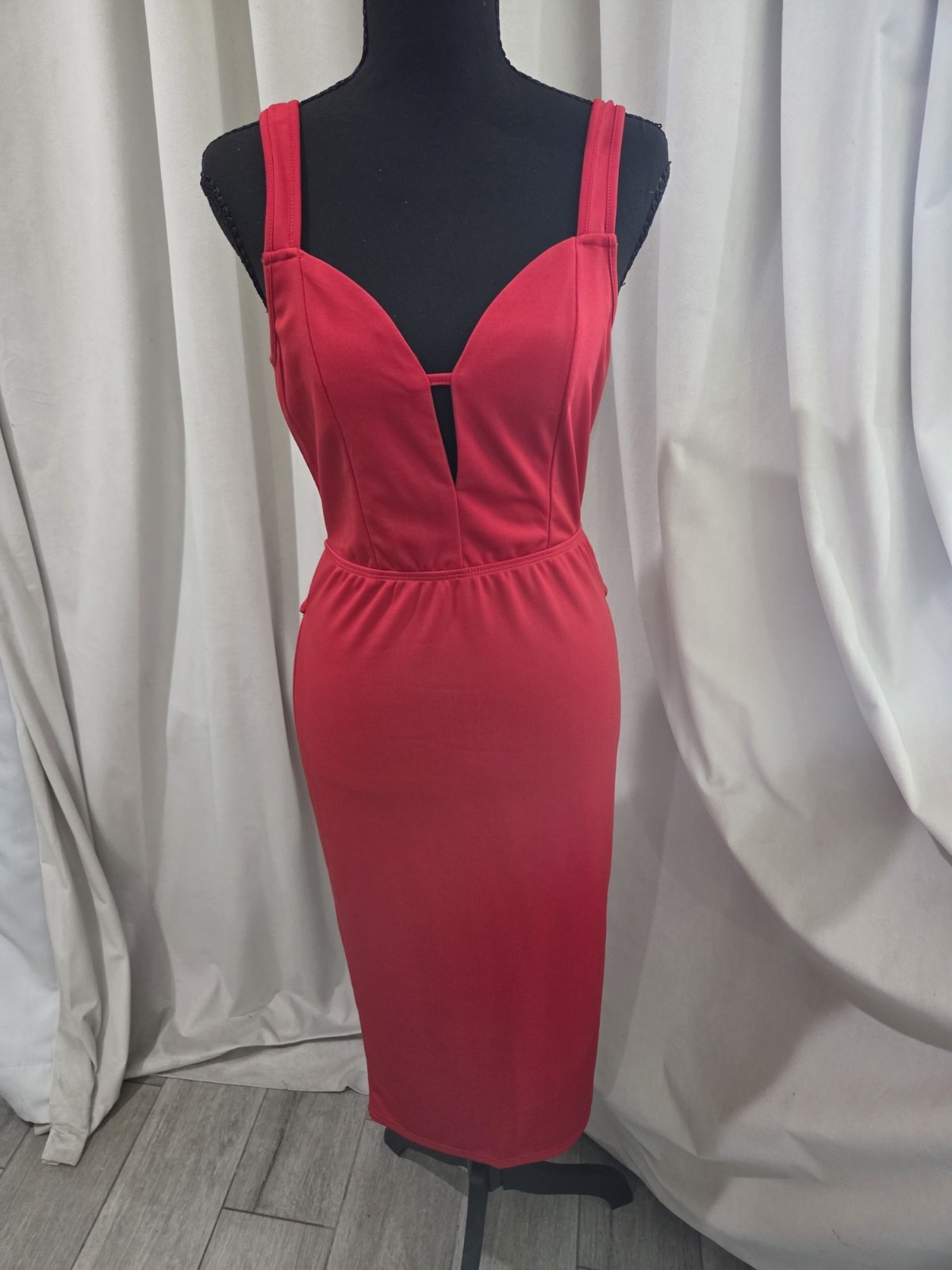 Red Bodycon V-Neck Backless Bow Ruffle Stretch Knit Midi Dress Women’s M