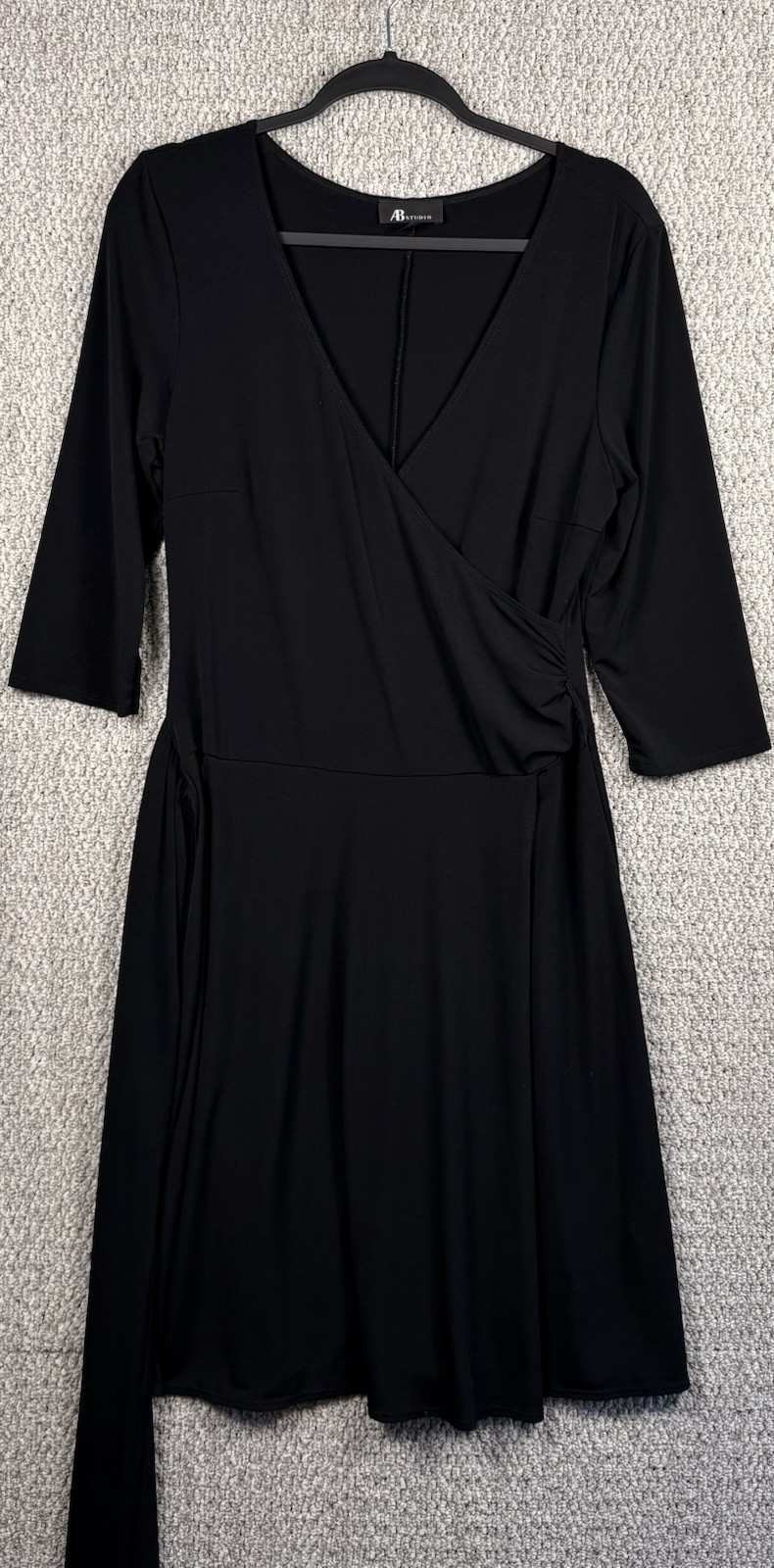 Black Wrap Tie Dress L Tulip Hem Side Overlap 3/4 Sleeve Cocktail Office Goth