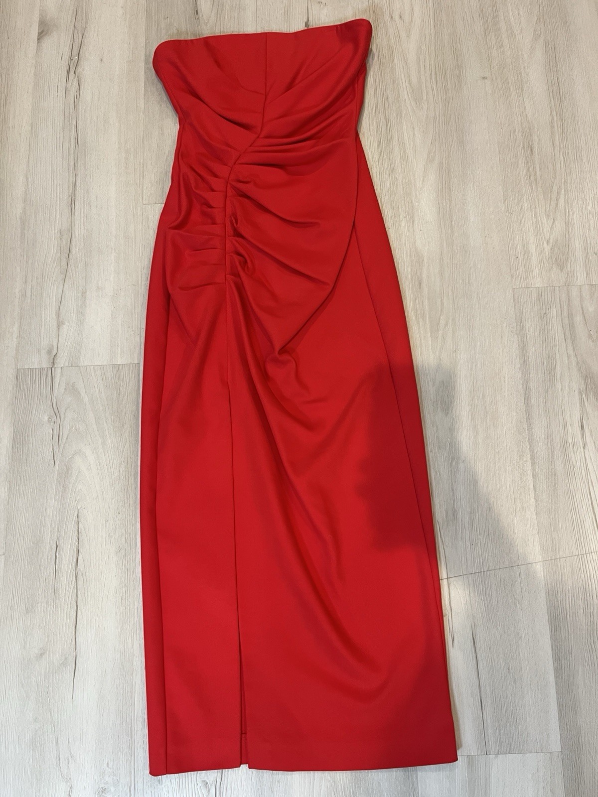 Zara Red Strapless Midi Dress Sz S Ruched Bodycon Front Slit Minimalist Party