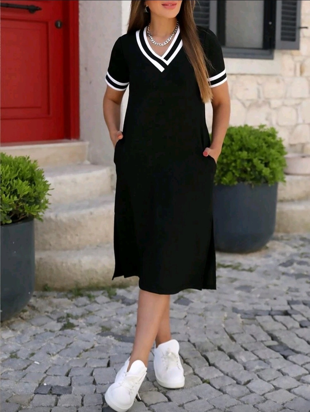 Black White V-Neck Short Sleeve Midi Shirt Dress Striped Trim Pockets Side Slit