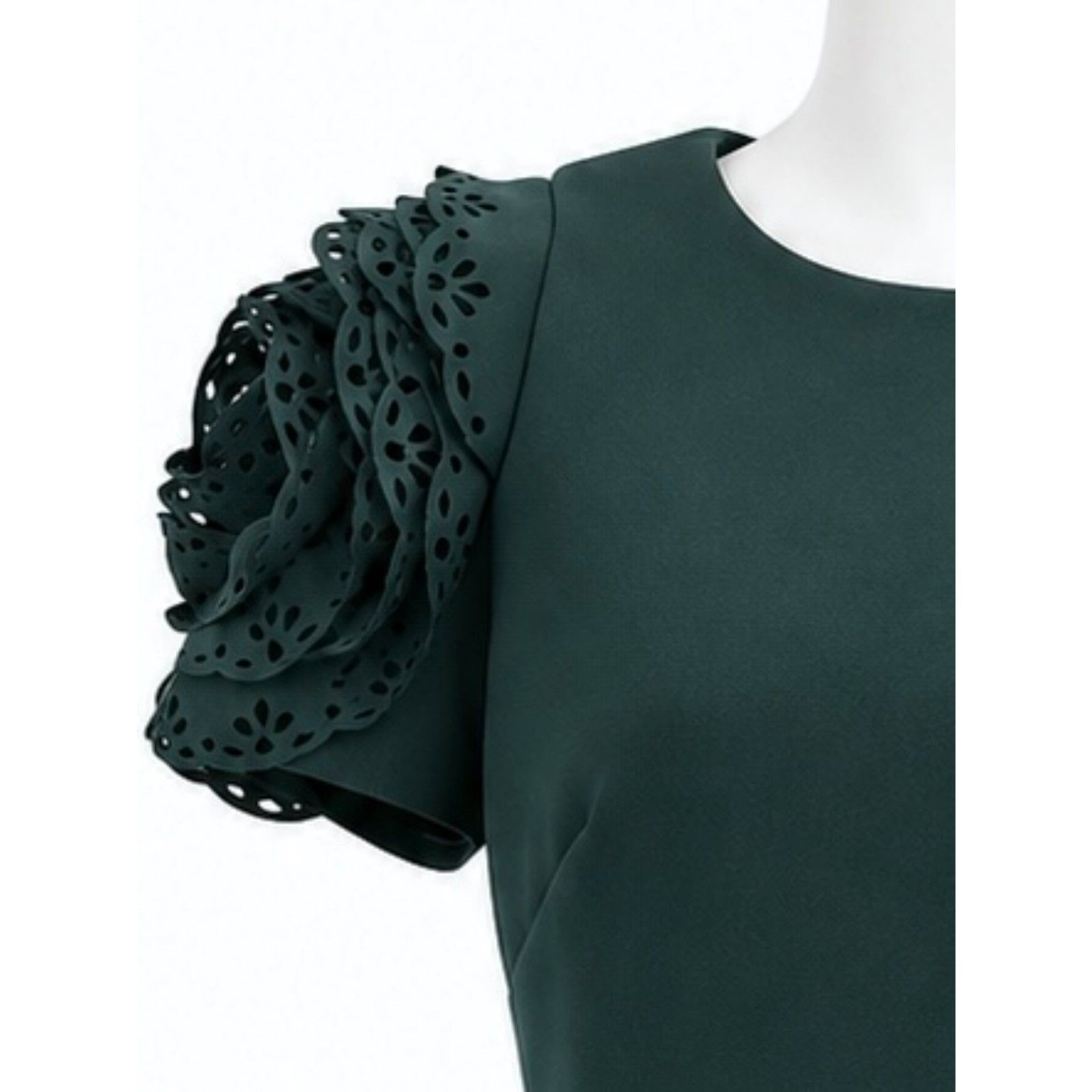 Badgley Mischka Forest Green Scuba Sheath Dress Floral Rosette Puff Sleeves 4