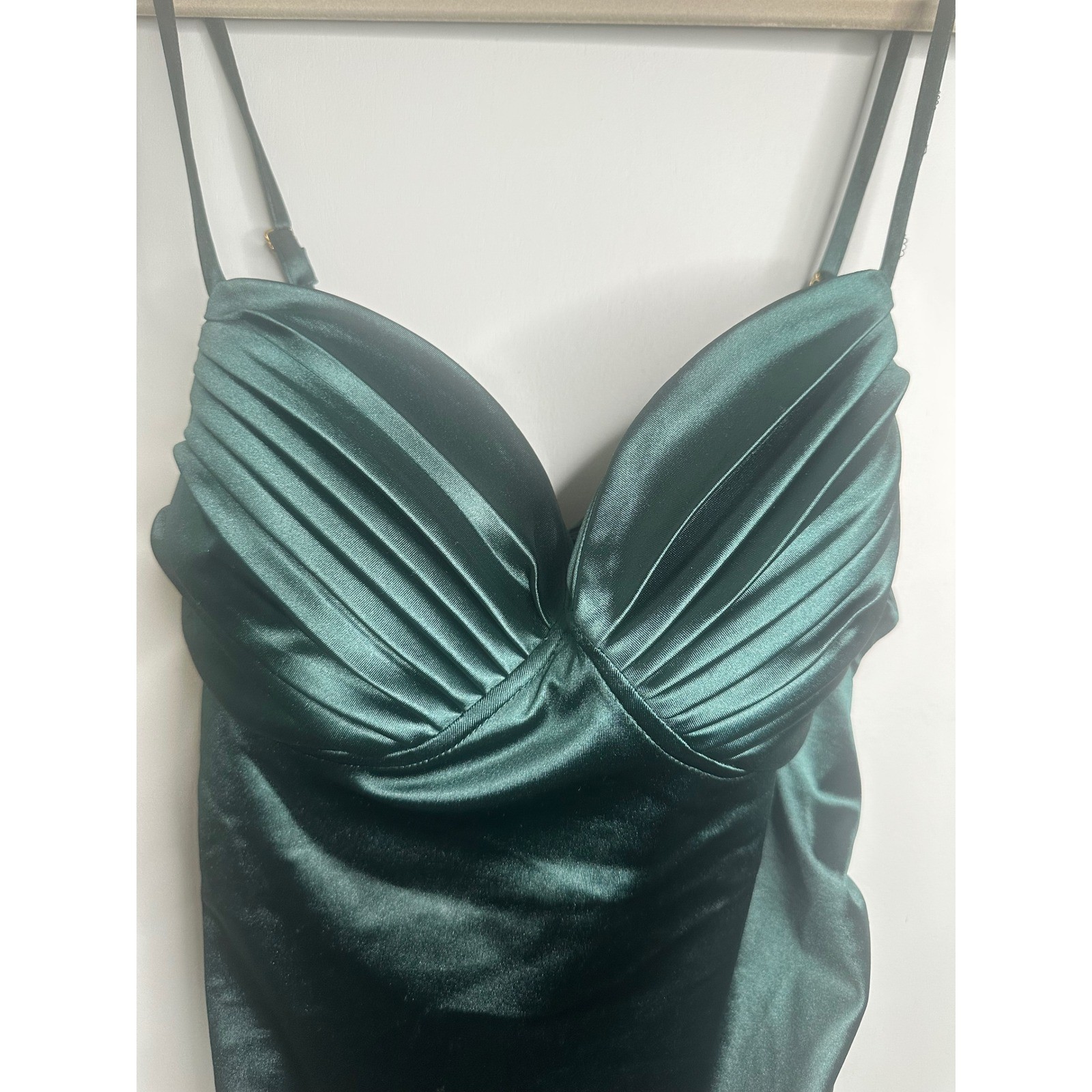 Guess Taima Dark Jade Green Ruched Satin Bodycon Mini Dress XL Q2OK03KB0T0 NWT