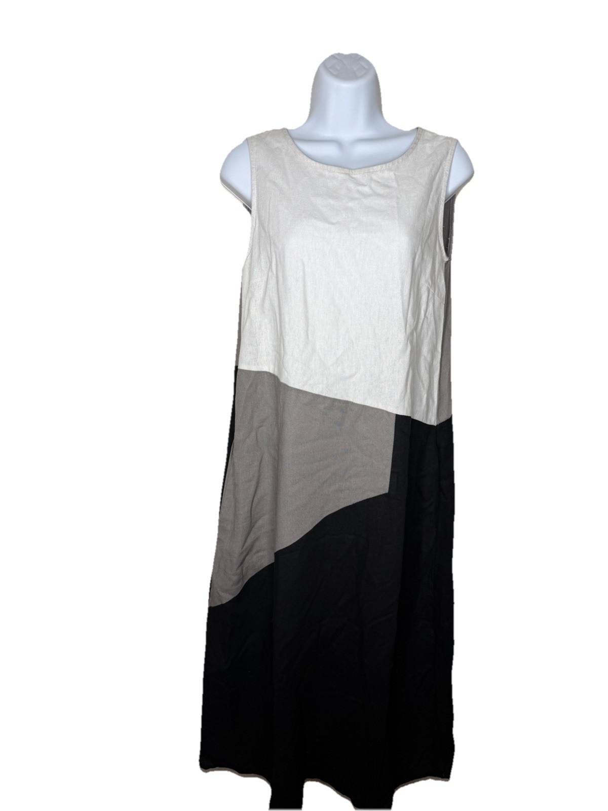 FOR CYNTHIA sz S Women’s Linen Blend Colorblock Sleeveless Midi Dress Pockets