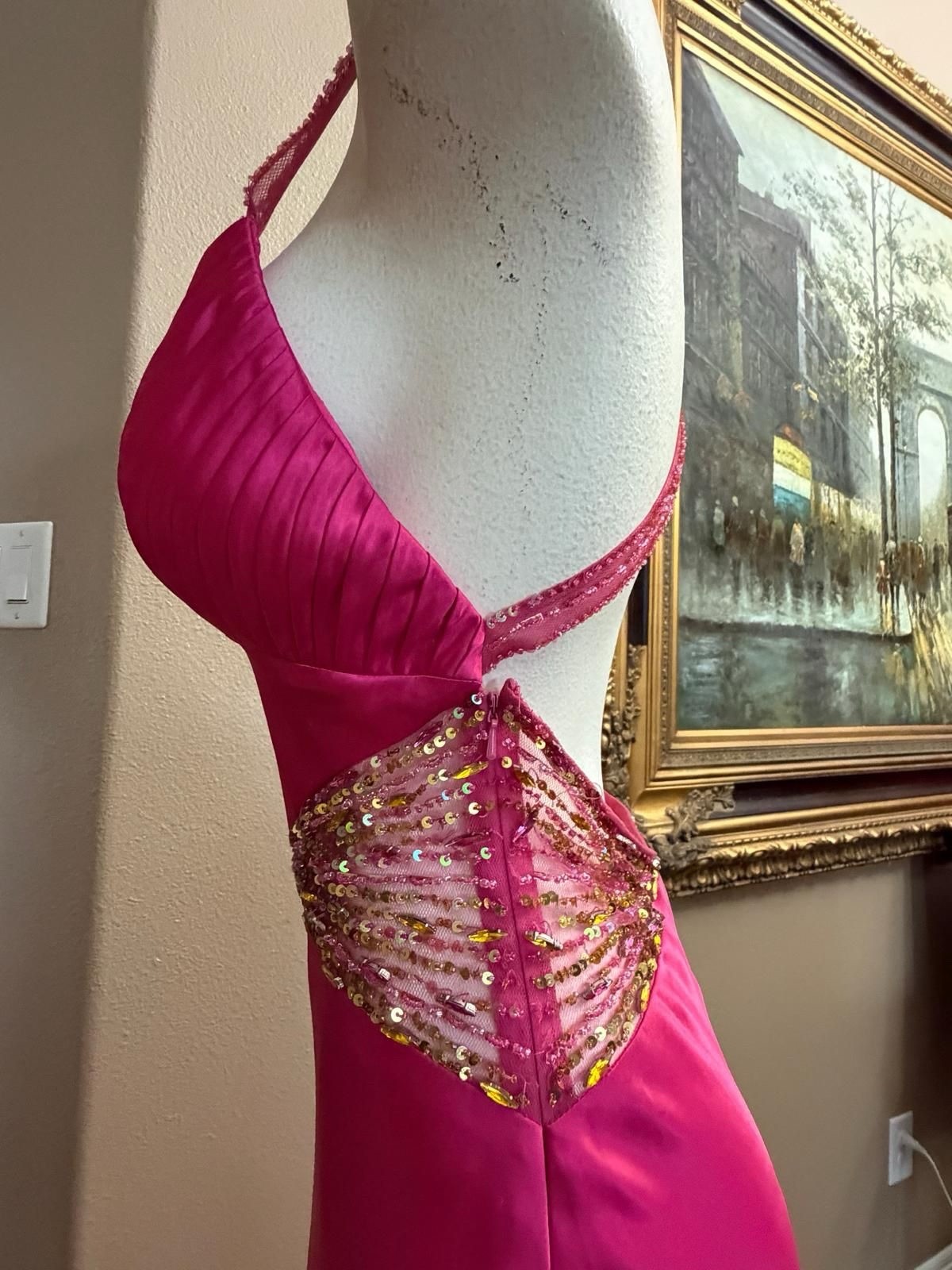 Anna Scott Designs Pink Satin Sequin Backless Long Bodycon Formal Dress V-Neck 6