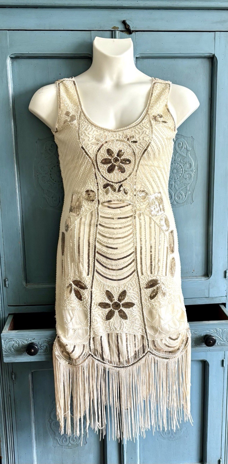Unique Vintage Women’s Sz 4 Cream Lined Bead Sequin Fringe Flapper Gatsby Dress
