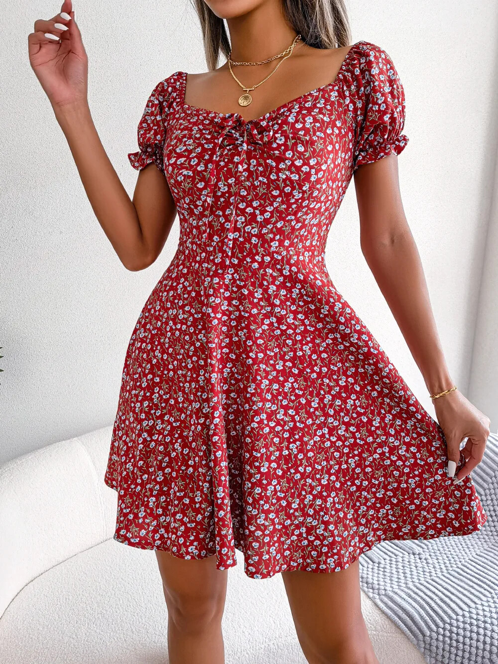 Spring Summer Square Collar Floral Ruffles Mini Dress Women Casual Flare Sleeves