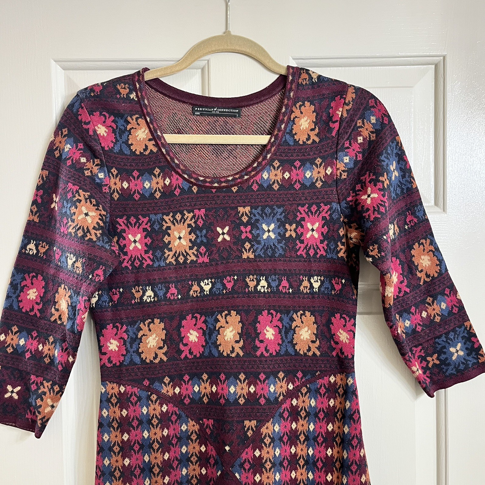 Peruvian Connection Maxi Knit Dress Wom S Wine Pink Geo Pima Cotton 3/4 sleeve