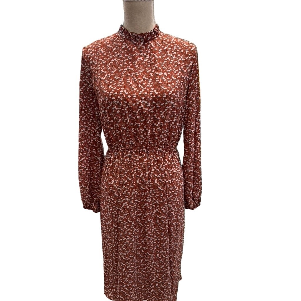 Brown sheer ,Prairie dress w/ white flowers, Bishop Sleeve, Fall ,Thanksgiving