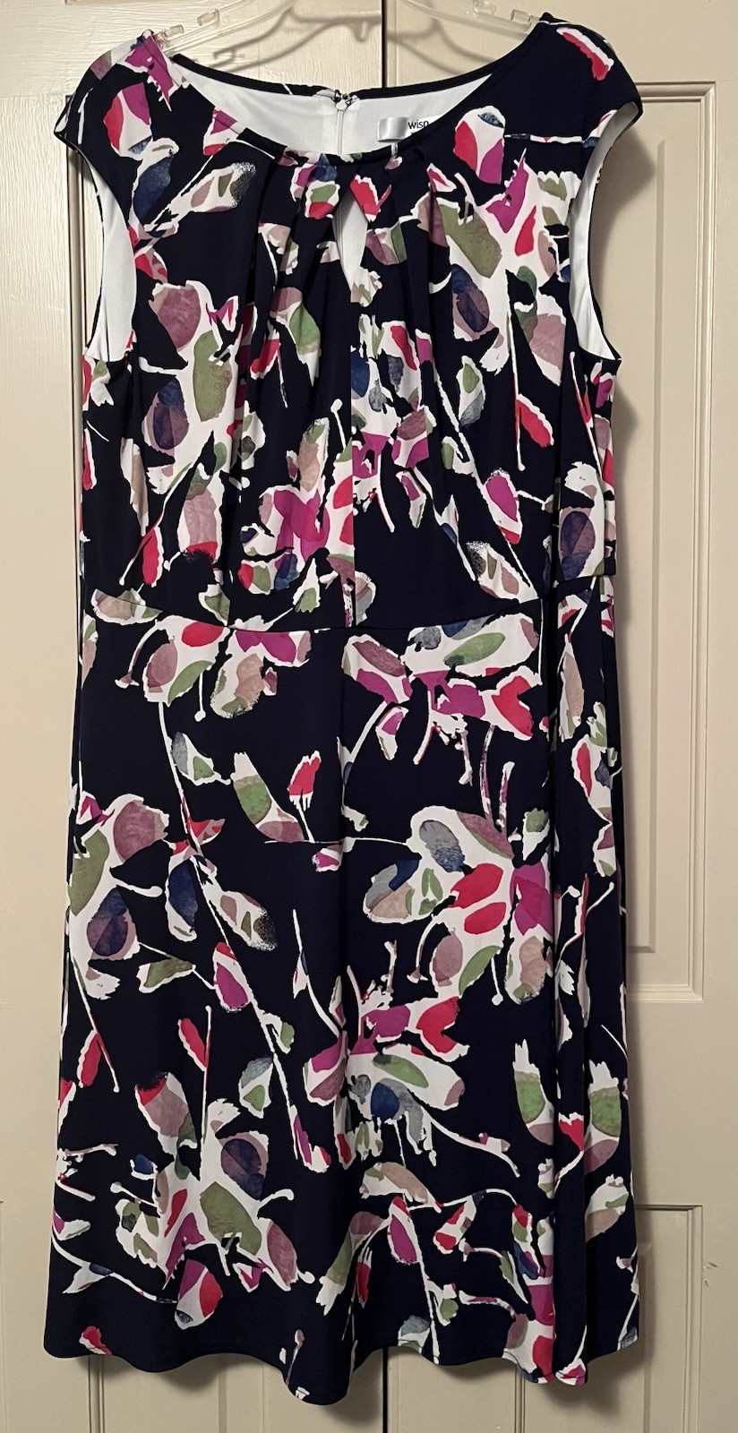 WISP Dress 18W Graphic Floral dk Navy White Pink Green Key-hole neck Cap Sleeves