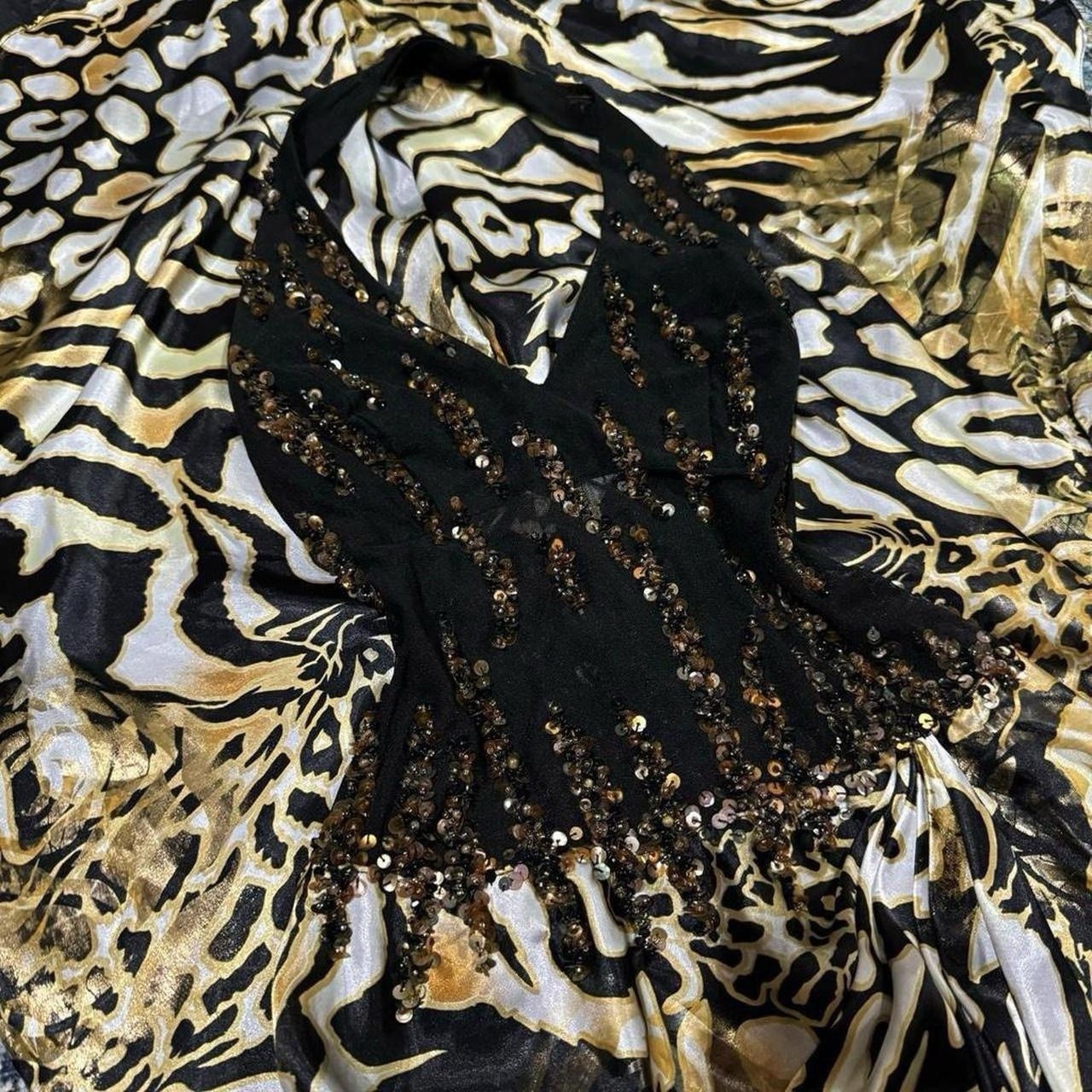 Vintage Leopard Beaded Halter Dress Maxi Evening Satin Gown Y2K Glam Sheer