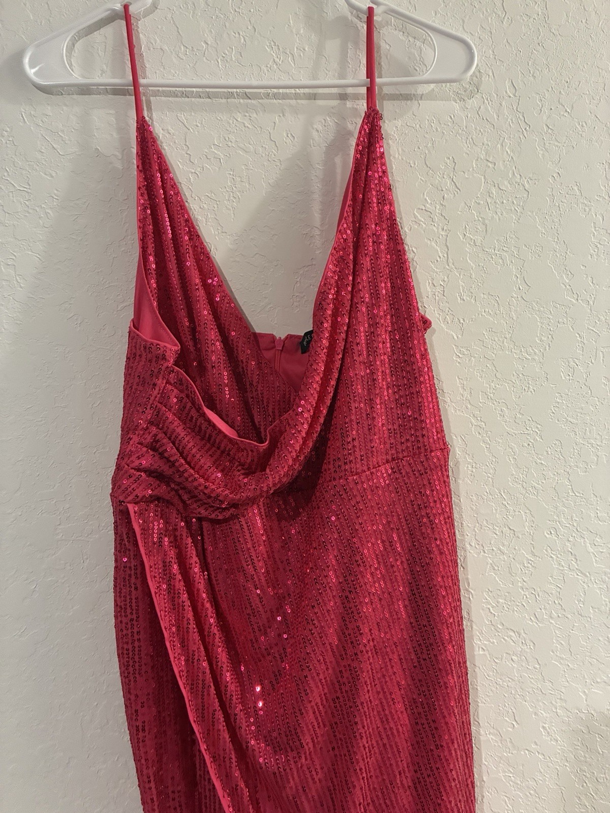 Double Crazy XXL Pink Sequin Mesh Cowl Neck Spaghetti Strap Long Dress