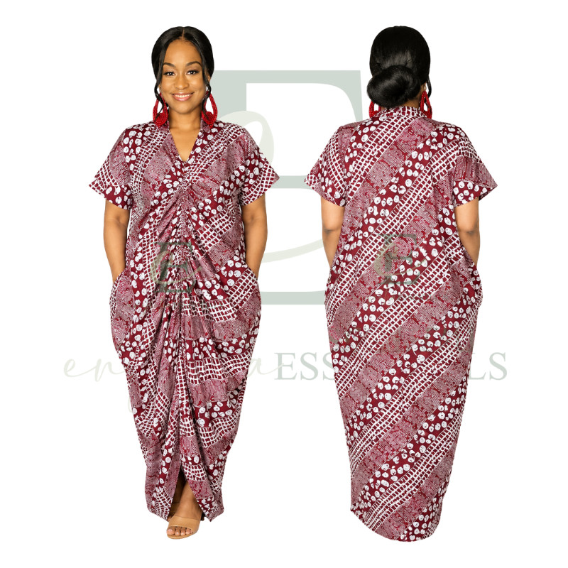 Red Bordeaux Breeze Ruched Boubou Dress | One Size Fit All (L–3XL)