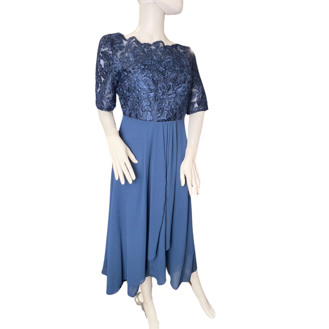 TS Conture Dress S Navy Blue Tea Length Embroidered Lace Bodice Chiffon Skirt