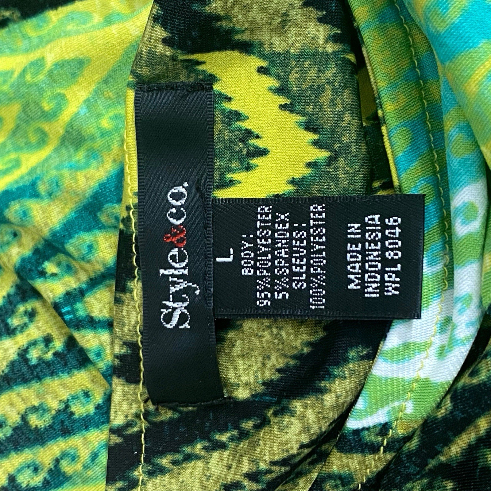 Style & Co. Green Ombre Geometric Print Opaque Body, Sheer Sleeves Dress L