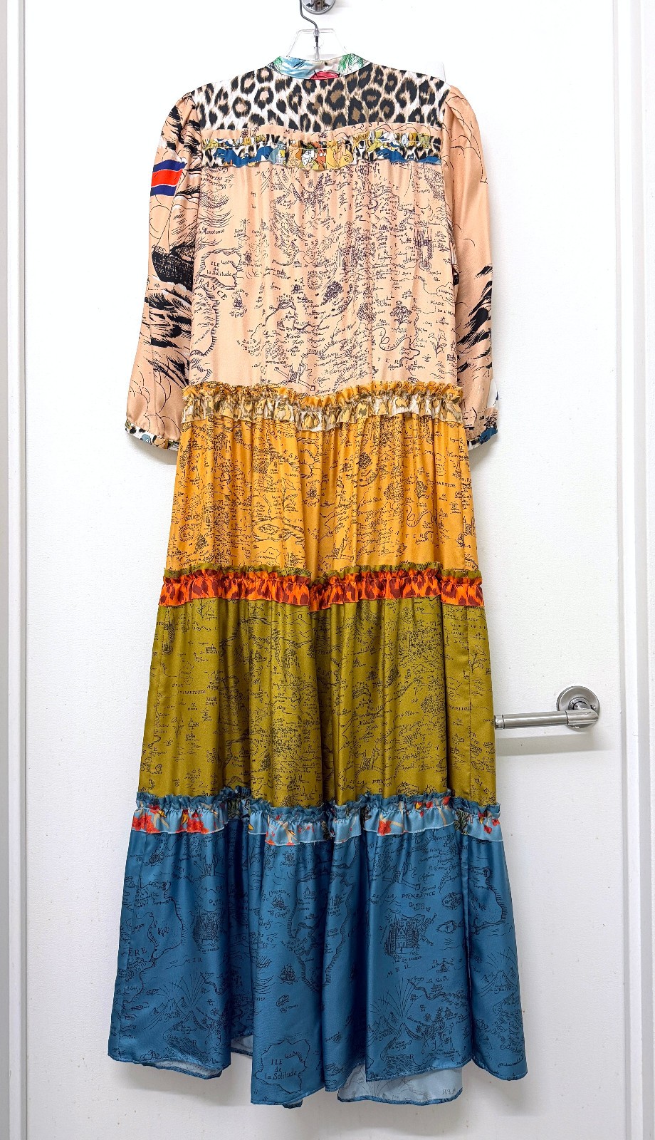 La Prestic Ouiston Flore Map Carte Silk Maxi Dress Tiered Patchwork Panther 0