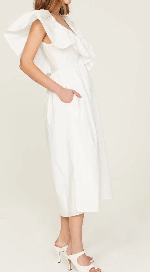 Adam Lippes Collective White Eyelet Ruffle Dress Size 12 Midi Off Shoulder