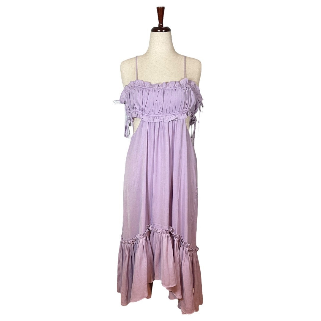 NEW ASOS DESIGN Ruched Bust Satin Tie Detail Cut Out Midi Dress -Lilac Size: 12