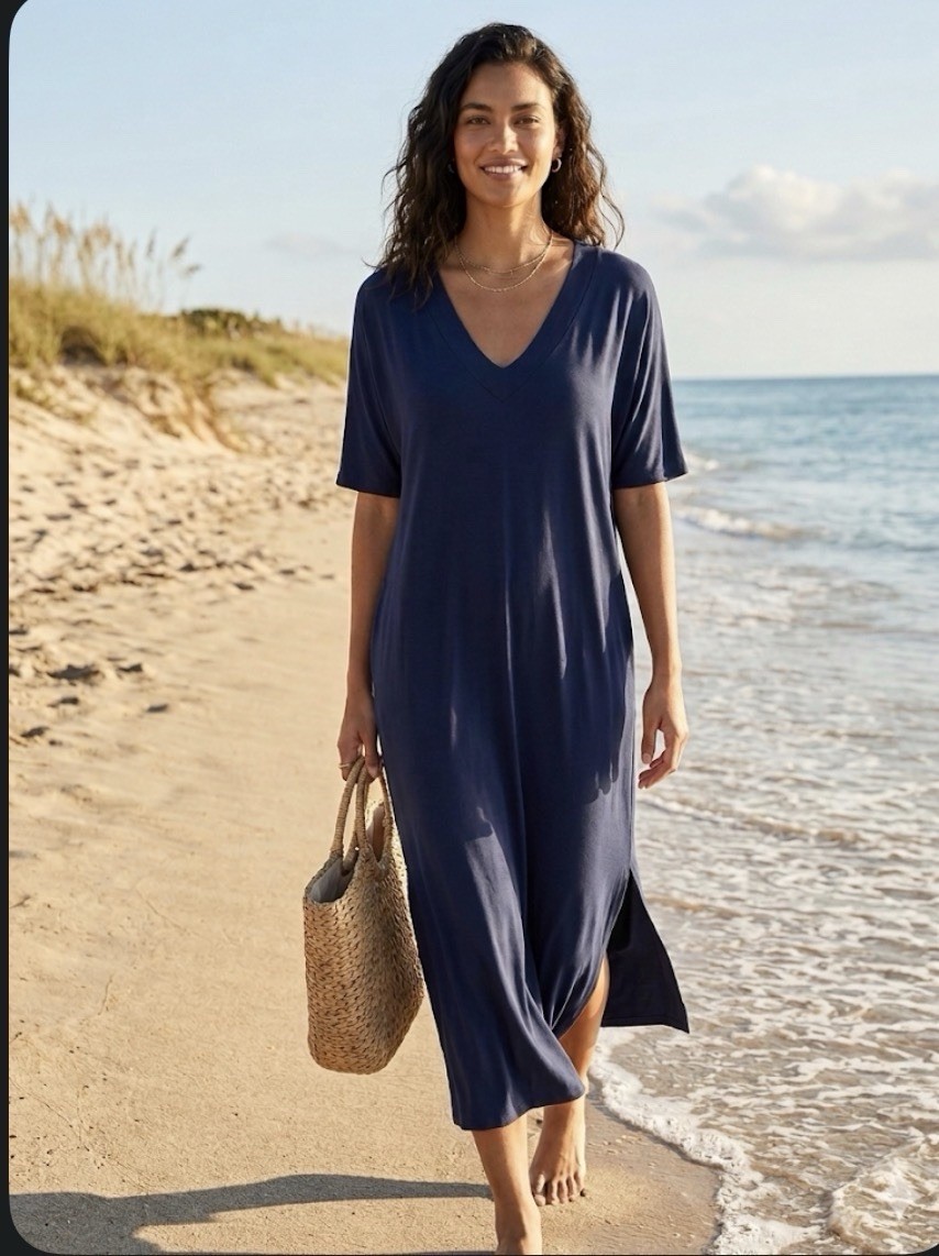 Press Navy Blue V-Neck T-Shirt Dress Size S/P Small Petite Midi Side Slit Jersey